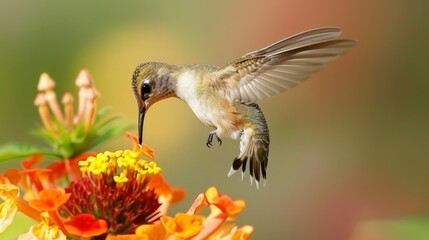 Wall Mural - Hummingbirds hover with rapid wing beats, sipping nectar from colorful flowers with long beaks.