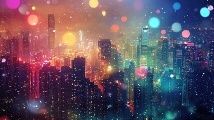 Aufkleber - A vibrant city skyline illuminated by colorful lights, creating a stunning nocturnal atmosphere with a dreamy bokeh effect.