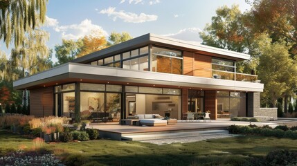 Poster - Illustrate a contemporary home exterior with a flat roof, metal accents, and a rooftop terrace, capturing cutting-edge architectural trends.