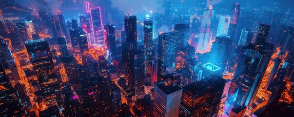 Aufkleber - A vibrant city skyline illuminated by neon lights, showcasing a blend of modern architecture and bustling urban energy at night.