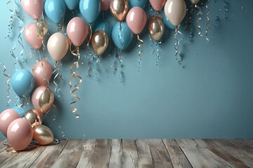 Wall Mural - Balloons and Confetti on Wooden Floor