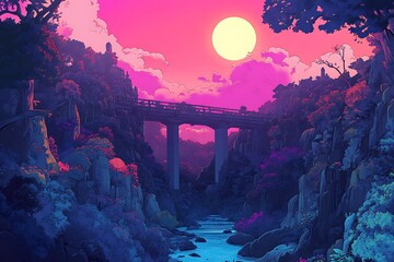 Wall Mural - A bridge crossing a river valley with a full moon and pink clouds.