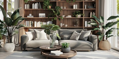 Wall Mural - Elegant living room with grey Scandinavian sofa two round coffee tables with plants in glass vases and a wooden bookshelf adorned with books and potted plants