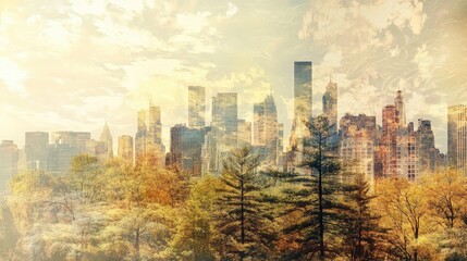 Poster - Scenic city skyline blending with vibrant autumn foliage under a cloudy sky, showcasing nature's beauty and urban landscape.