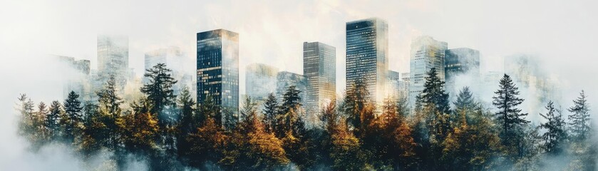 Poster - A serene blend of nature and urban architecture, showcasing misty buildings rising above lush trees in a vibrant landscape.