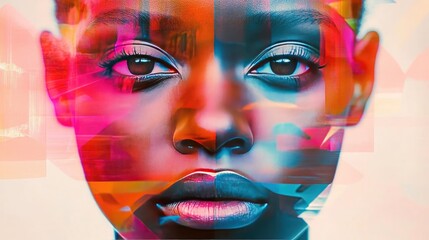 Aufkleber - A vibrant, artistic portrait showcasing bold colors and abstract patterns blending seamlessly with a captivating face.