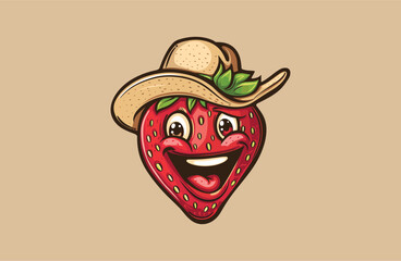 Wall Mural - Strawberry hat logo cute vector icon illustration.