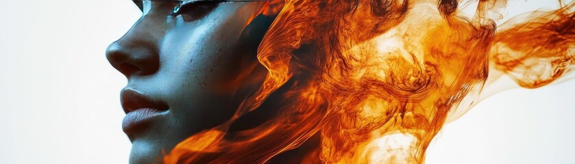 Poster - A captivating image of a serene face with fiery elements, symbolizing passion, transformation, and creativity.
