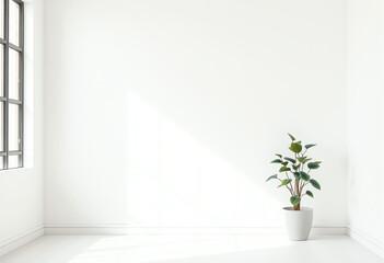 photo a small plant in white wall room background with copy space