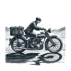 Sticker -  The old vintage motorcycle traveling. Black white vector illustration.
