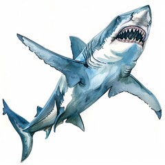 Watercolor painting of a fearsome shark gliding through the depths of the ocean, its sharp teeth bared, on isolated white background