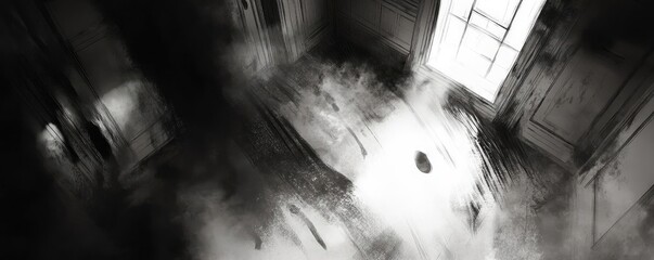 Poster - A haunting view of a dimly lit room with shadows and ethereal smoke creating an unsettling atmosphere.