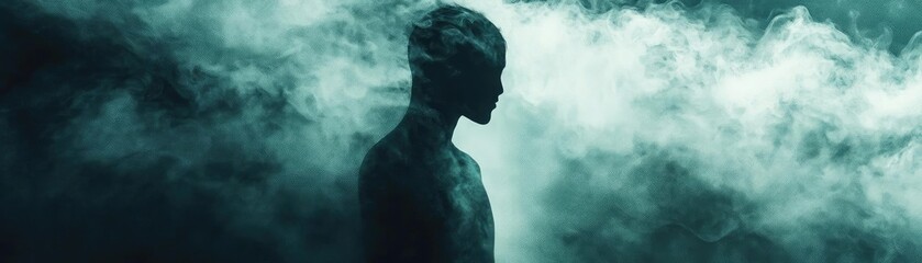 Poster - Silhouette of a figure surrounded by mist, evoking mystery and introspection in a moody atmosphere.
