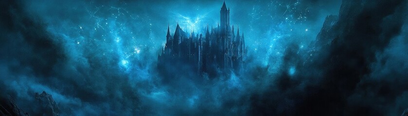 Poster - Eerie castle emerging from swirling mist and shadows, illuminated by an otherworldly blue light, evoking mystery and fantasy.