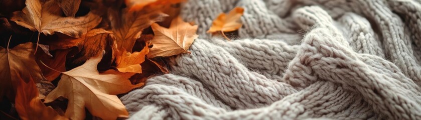 Aufkleber - A cozy knit blanket paired with autumn leaves, creating a warm and inviting atmosphere perfect for the fall season.