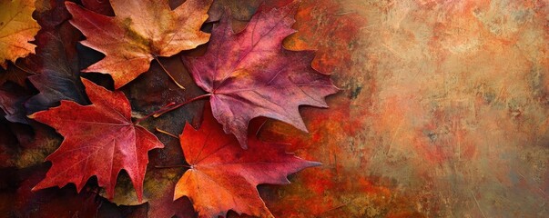 Poster - Vibrant autumn leaves in rich hues of red, orange, and yellow against a textured background, perfect for seasonal themes.