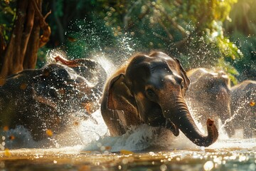 Poster - A group of elephants joyfully splashes through a river, creating a vibrant display of water droplets amid the greenery surrounding them. Generative AI