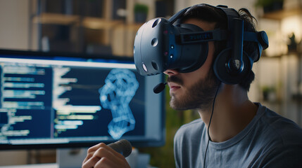 Poster - a software engineer wearing VR headset using AI artificial intelligence technology working on software development or cybersecurity 