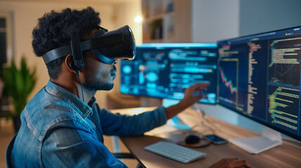 Poster - a software engineer wearing vr headset using ai artificial intelligence technology working on softwa