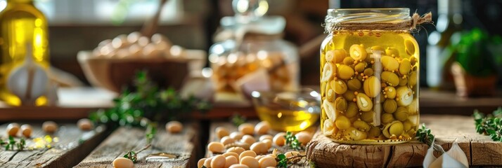 Jar of Pickled Lupini Beans in Brine on a Kitchen Table