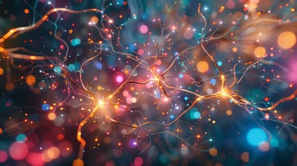 Fototapete - Abstract 3D animation of neural network with colorful lights and digital data