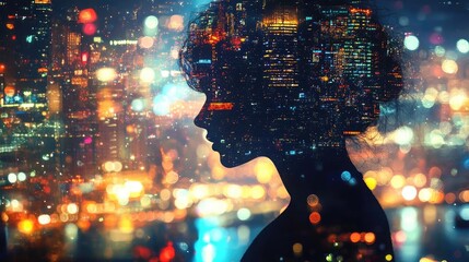 Poster - A silhouette of a woman against a vibrant cityscape, showcasing the blend of urban life and personal thoughts.
