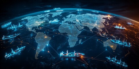 Poster - Discover and explore the complex and intricate logistics network of cargo ships that are delivering containers across the globe, effectively connecting various international markets around the world
