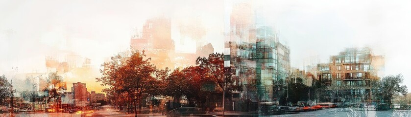 Poster - A stunning blend of urban landscape and natural elements, showcasing vibrant city life beneath a colorful sky.