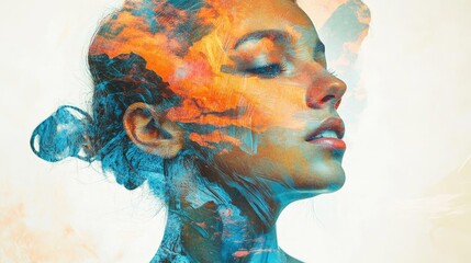 Aufkleber - A surreal portrait blending human beauty with vibrant colors, reflecting emotions and creative expression.
