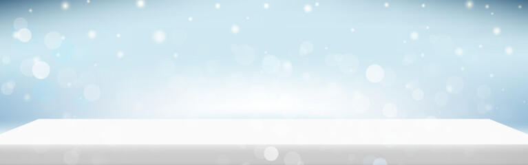 White platform with winter scene blue shiny background. Space for product display advertising in Christmas festive. Vector illustration.