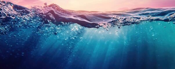 Poster - A serene underwater scene showcasing vibrant blue waves illuminated by soft sunlight, creating a tranquil atmosphere.