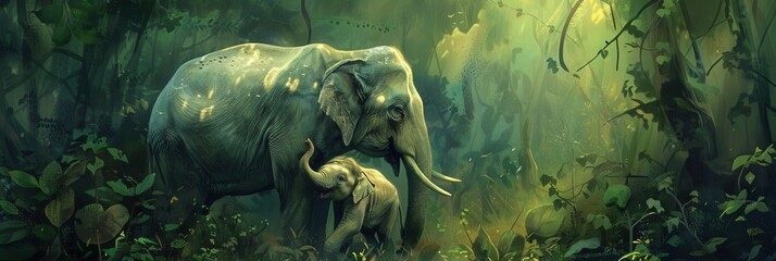 Aufkleber - A mother elephant guides her young calf through a vibrant jungle, showcasing their close bond amid the morning light filtering through the trees. Generative AI