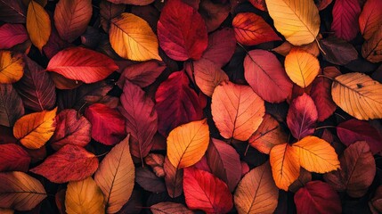Aufkleber - A vibrant collection of autumn leaves in shades of red, orange, and yellow, creating a beautiful and colorful natural carpet.