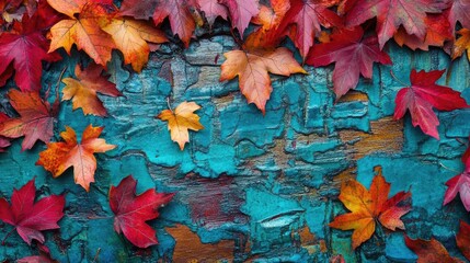 Poster - Vibrant autumn leaves in shades of red and orange on a textured turquoise background, capturing the essence of fall.