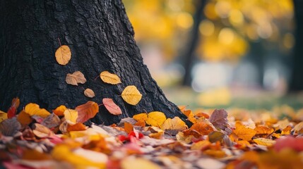 Poster - A picturesque autumn scene featuring colorful leaves scattered around the base of a tree, evoking the beauty of fall.