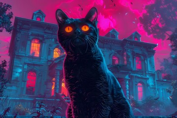 Mystical Black Cat with Candy Shaped Eyes in Front of a Digital Haunted Mansion