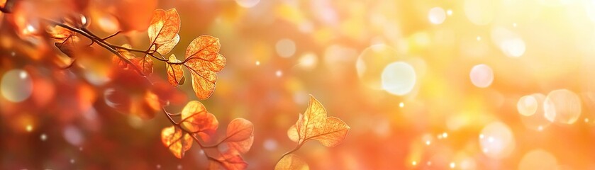 Poster - A vibrant autumn scene with colorful leaves illuminated by warm sunlight, creating a bokeh effect of golden hues.