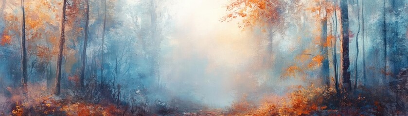 Poster - A serene forest scene with vibrant autumn colors and a soft mist creating a magical atmosphere of tranquility and beauty.