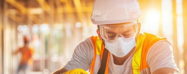 A construction worker focuses on his task, wearing safety gear and a mask, ensuring a safe environment at a job site.