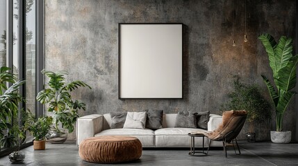 A blank wall frame model in a modern living room, showcasing minimalist design and comfortable indoor environment. Highlight clean lines and suitable for diverse decorative displays.