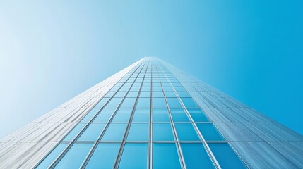 Poster - Contemporary office tower with a geometric facade and vertical lines against a clear blue sky.a