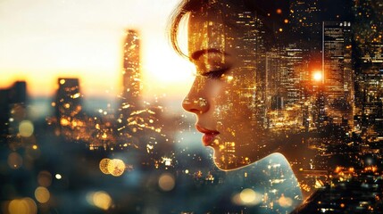 Poster - A serene profile of a woman against a stunning cityscape, blending urban life and beauty during sunset for a dreamy mood.