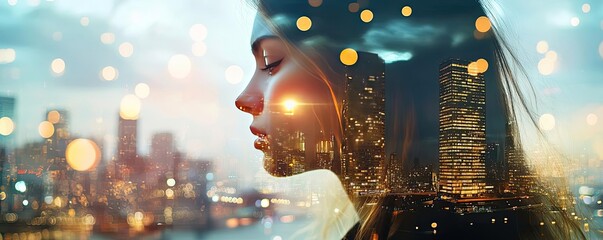 Poster - A thoughtful woman gazes at a city skyline, captured in a dreamlike double exposure with vibrant lights and reflections.