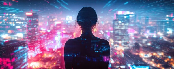 Aufkleber - A silhouette of a person gazing at a vibrant cityscape illuminated by colorful lights, symbolizing urban life and technology.