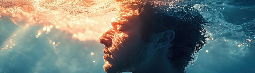 Poster - A serene underwater portrait of a man, capturing the beauty of light and water, evoking tranquility and introspection.
