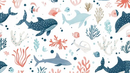 Wall Mural - cute seamless pattern of animal aquatic  