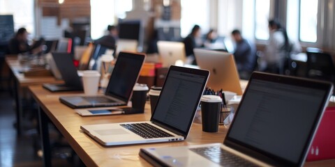 Aufkleber - A close-up of a shared desk in a co-working space, with multiple laptops and a collaborative project in progress