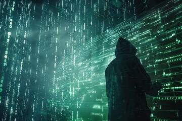 Leinwandbilder - A hacker, cloaked in a hoodie, engages with a computer displaying flowing matrix-like code in a dark, tech-heavy atmosphere. Generative AI