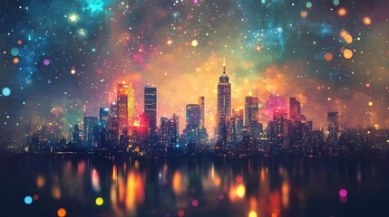 Poster - Vibrant city skyline illuminated by colorful lights against a dreamy cosmic backdrop. Perfect for adding a touch of modern allure.