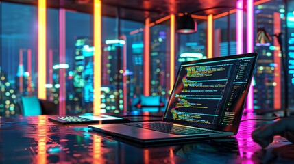 Poster - software codes display on screen of a laptop on the table in modern office, web development software